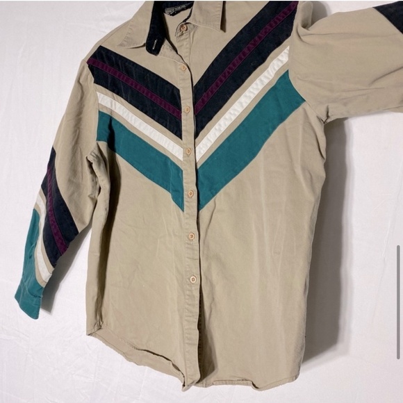 Vintage Spindle River Beige Teal Long Sleeve Button Up Shirt M - Picture 9 of 15